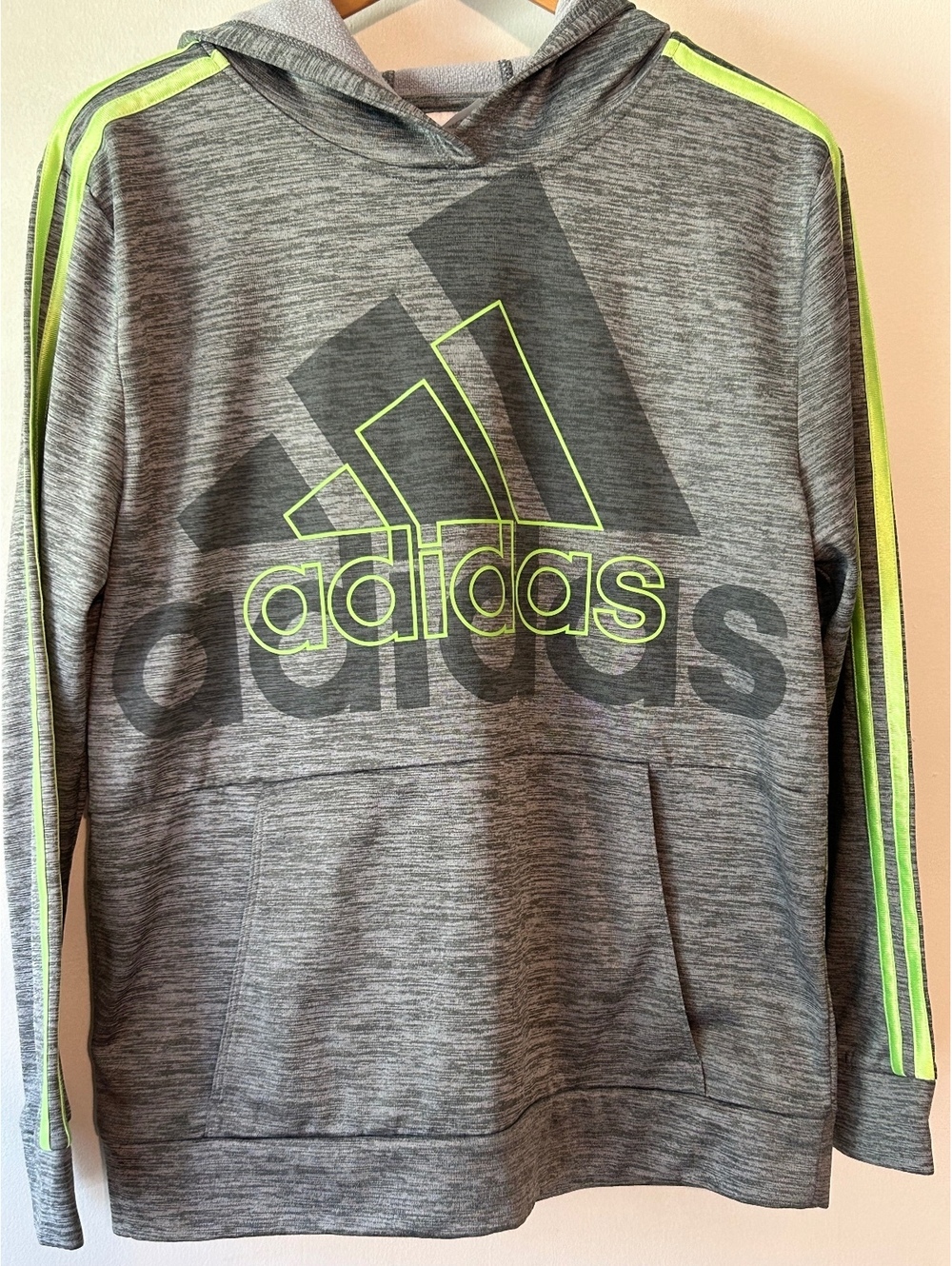 Adidas Youth XL Gray Hoodie with Neon Green Stripes-0040